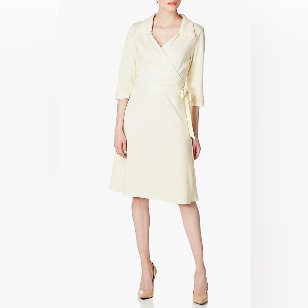 Star Vixen Petite Women's Three-Quarter-Sleeve Faux Wrap Dress, Ivory, PM